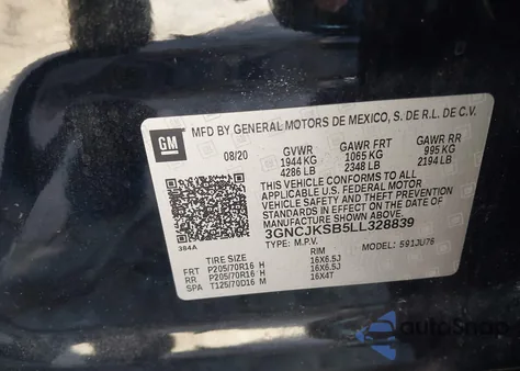 2020 Chevrolet Trax Fwd Ls z USA, uszkodzony, nr VIN 3GNCJKSB5LL328839